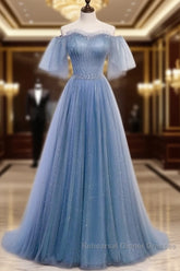 Charming Light Blue Tulle Puffy Sleeves Floor Length Party Dress A-Line Pricess Gowns Semi Formal Prom Dress Sparkly